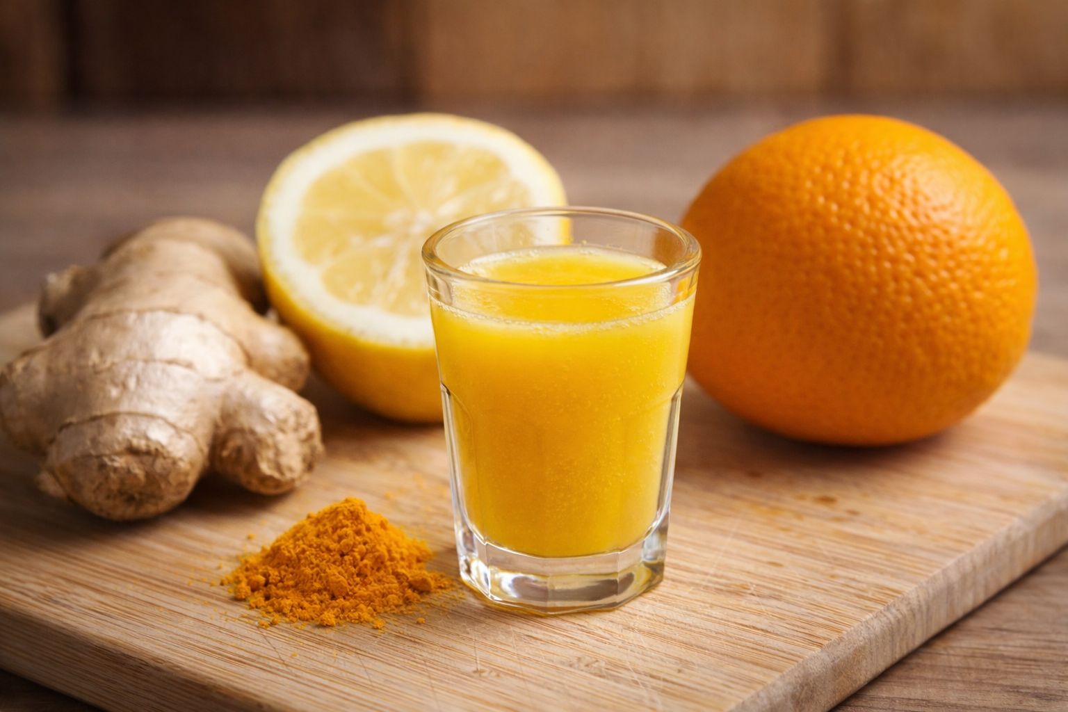 Citrusovo‑zázvorovo‑kurkumový shot