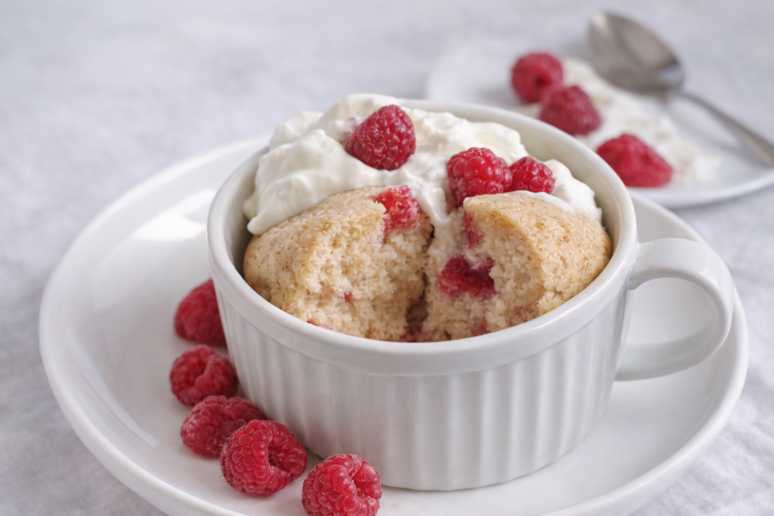 Proteinový mug cake v misce s jogurtem a borůvkami