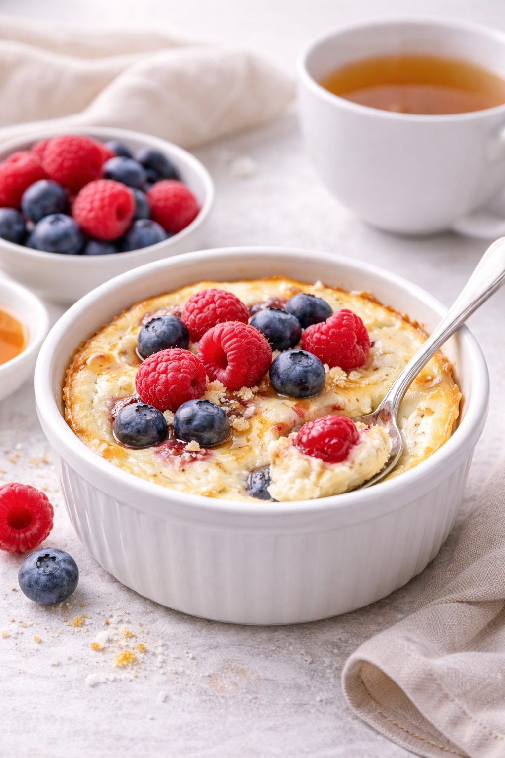 Tvarohový cheesecake z misky s lesním ovocem